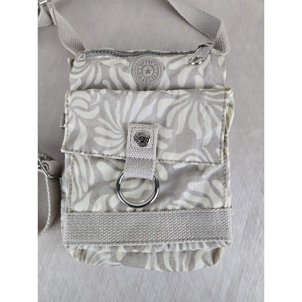 Kipling Grey White Floral Swirl Nylon Mini Crossbody Bag Travel Purse Card Slots